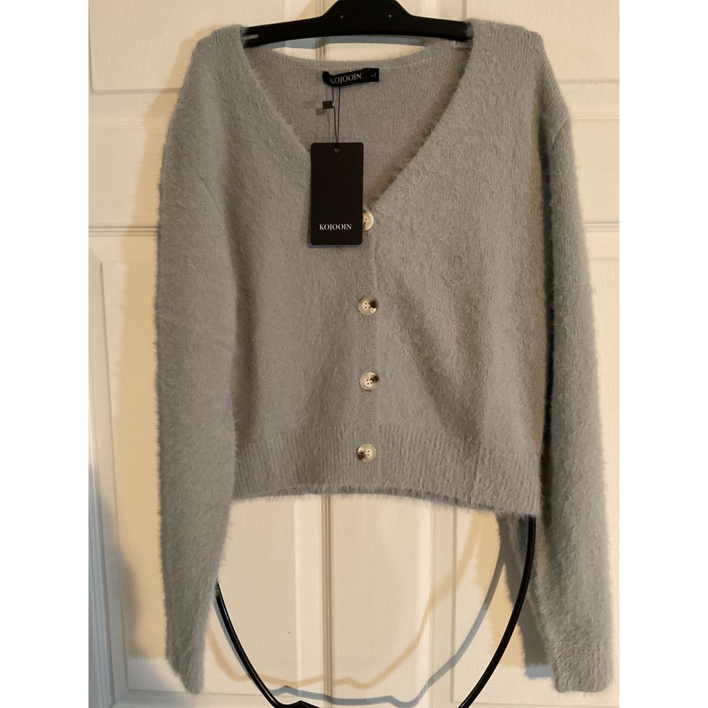 KOJOOIN Womens Fuzzy‎ Cropped Cardigan Sweater Light Blue V-Neck Size Large NWT